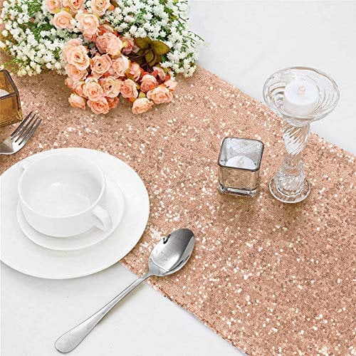 Time to Sparkle 12x108inches Glitter Sequin Table Runner Chair Sashes Swags Wedding Party Table Decoration, Sequin Rose Gold