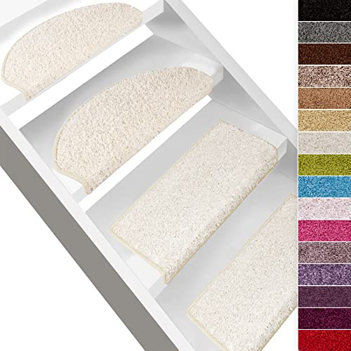 casa pura Shaggy Stufenmatten Barcelona 15 Stück Set, weicher Hochflor Treppen-Teppich, Treppenstufen Matten, selbstklebend | halbrund | 65 x 23,5cm | Creme