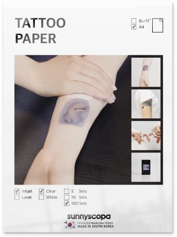Sunnyscopa Temporäre Tattoo-Transferfolie für Tintenstrahldrucker 100 Blätter - Bedruckbares DIY Tattoo Transferpapier