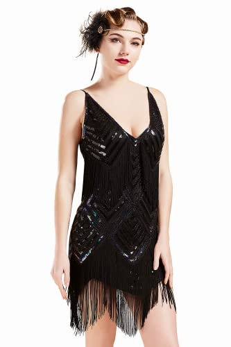 BABEYOND 1920s Art Deco Fringed Sequin Dress - Black, L
