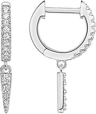 PAVOI 14K White Gold Plated S925 Sterling Silver Post Drop/Dangle Huggie Earrings for Women | Dainty CZ Awl Earrings