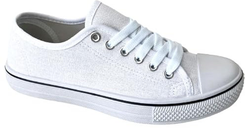Ladies Unisex Flat Casual LACE UP Girls Pumps Canvas Plimsolls Womens Trainers Shoes Gym Sports Trainers Lightweight Comfortable PE White