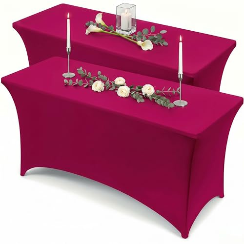 Utopia Kitchen Tovaglia Estensibile [6 Piedi, 183 cm] Copritavolo in Poliestere e Spandex - Lavabile in Lavatrice e Resistente alle Pieghe per Eventi e Feste (Confezione da 2, Fucsia) | Tovaglia rettangolare elasticizzata, aderente, lavabile, resistente alle pieghe, per eventi, matrimoni, banchetti e feste