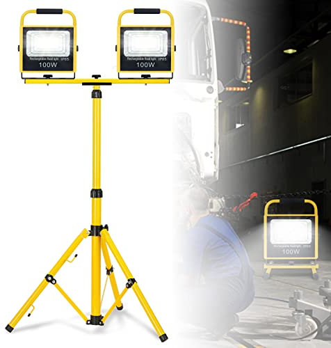 ACXIN LED Baustrahler mit Stativ 2*100W Kaltweiß Akku Strahler Arbeitstrahler Arbeitsscheinwerfer mit Warning-Flash Flutlicht IP65 Baustellenlampe höhenverstellbar für Camping Werkstatt Konstruktion
