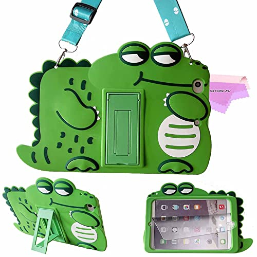 ESSTORE Funda Niños para iPad Mini 1 2 3 (No para iPad Mini 4) + Protector de Pantalla, 3D Linda Dibujos Animados Silicona Cover con Bandolera & Soporte Antigolpes Carcasa, Dinosaurio