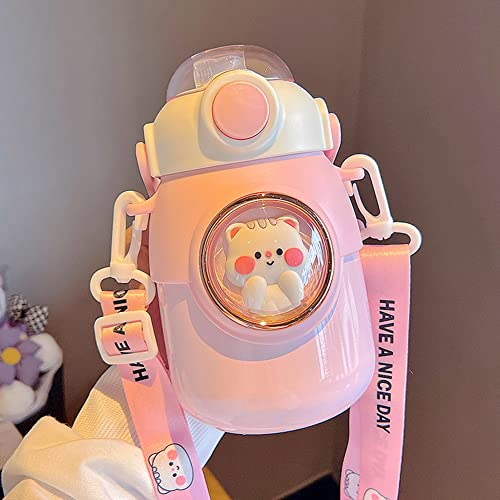 TIAASTAP Kawaii Botella de agua con popote, bonitas botellas de agua de acero inoxidable, botella de agua Kawaii estética a prueba de fugas, botella de agua aislada para bebidas calientes y frías