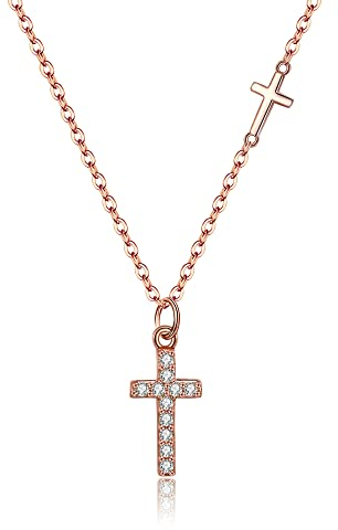 EVER FAITH Kreuz Choker Halskette 925 Sterling Silber mit Seitlich Mini Klassischer 14 Karat Gold Anhänger für Damen Mädchen (Zirkonia Rosegold-Ton)