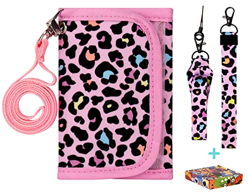 Choco Mocha Brustbeutel für Kinder, Geldbeutel für Mädchen mit Münzfach - Kinder Portemonnaie, Sichtfach, 3 Ersatz-Lanyard & 4 Geschenkbox, Leopard