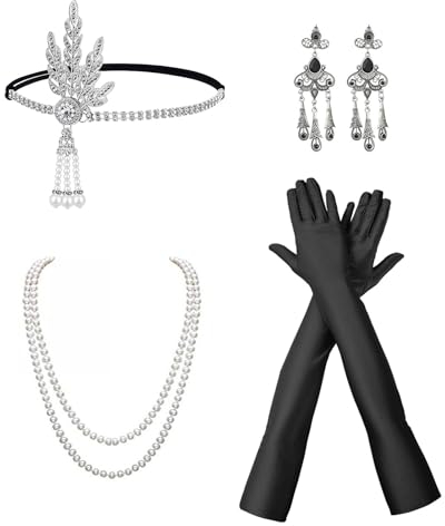 MIVAIUN 5-teiliges 20er Jahre Gatsby Accessoires Set mit Stirnband, Halskette, Ohrringe - Flapper Zubehör für Damen (5 Pcs)