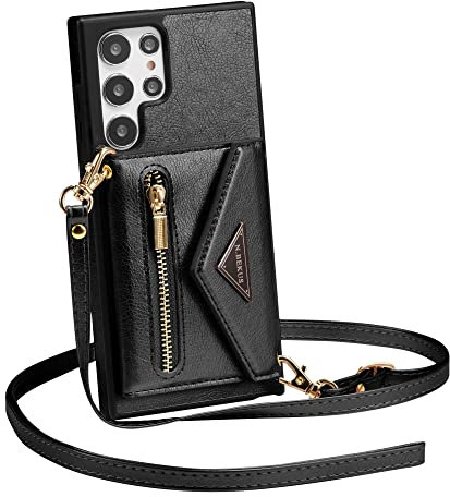 ZCDAYE Hülle für Samsung Galaxy S23 Ultra mit Band, Leder Galaxy S23 Ultra Handyhülle Handytasche Kleine Geldbörse Handykette Umhängetasche Case für Samsung S23 Ultra, Schwarz