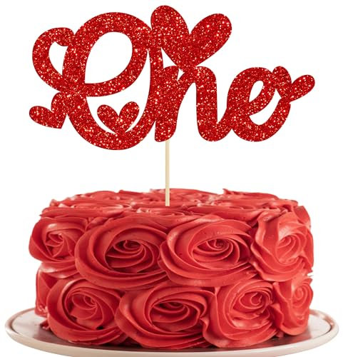 Gyufise 1Pc One Cake Topper Glitter Love Heart 1st Valentine's Day Baby Shower Cake Picks Valentine's Day Theme Wedding Baby Shower Kids 1st Birthday Party Cake Decorations Supplies Red