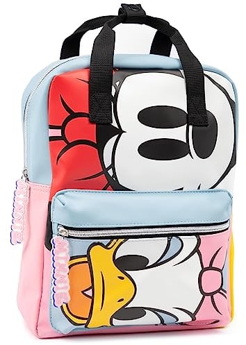 Disney Minnie Mouse Zaino Per Donne Donne Adolescenti Bambini | Pink Blue Daisy Duck Characters Bag Effetto pelle di poliestere con manico e cinghie regolabili