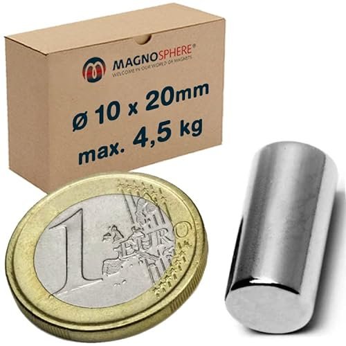 Stabmagnet Neodym Magnet-Stab rund extra stark - Haftkraft bis 10 kg - Starke NdFeB Zylinder-Magnete für Industrie und Zuhause, Stückzahl/Größe: 5 Stück - Ø10x20mm | 4.5kg Haftkraft