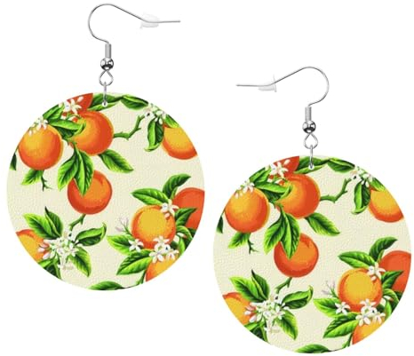 OPSREY Gelbe Blüte und orange Früchte gedruckt Mode Leder Ohrringe Drapiert Haken Ohrringe Runde geformte Ohrringe, Einheitsgröße, Kunstleder