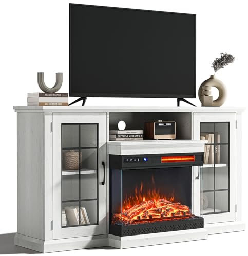 INMOZATA Electric Fire Insert TV Stand, Entertainment Center Console Table with 3-Side Realistic LED Flame Effect Display, Remote Control&Overheat Protection, White, 25 Fireplace, for 65 TV