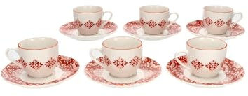 Avilia Juego de 6 tazas de café con platos – Juego de tazas y platos con decoración árabesca, de porcelana, 90 ml, blanco y rojo