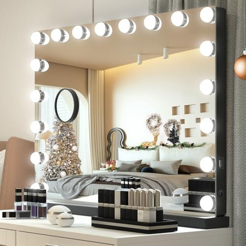 YU YUSING Hollywood Miroir Maquillage Lumineux 80X62cm, Miroir Coiffeuse LED 18 Lumières Dimmables, 3 Réglable Déclairage Modes, Grossissant 10x, Contrôle Tactile USB, Montage Mural Noir