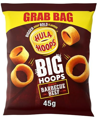Hula Hoops BIG HOOPS BBQ BEEF Grab Bag Crisps 45g Bags, Case of 36 - Bigger Hoop, bold flavour. Bigger than standard sized Hula Hoops, No Artificial Colours or Flavours, Suitable for Vegetarians