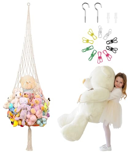 Großes Kuscheltier Aufbewahrung Netz, Makramee Hängematte für Kuscheltiere, Hängend Stofftier Netz, Eckspielzeug-Organizer für Kinderzimmer | Einfach zu Hängen | mit Haken & Wäscheklammern
