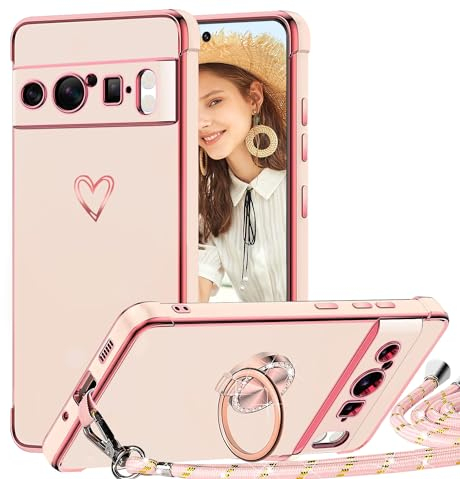 TVVTPU Handyband für Google Pixel 8 Pro Hülle mit Band, Herz Muster Handyhülle mit Ring Ständer Stoßfeste Kratzfest TPU Bumper Schutzhülle mit Kordel zum Umhängen (Abnehmbar), Rosa