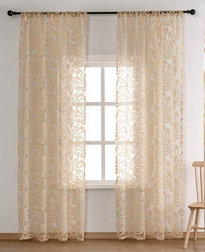 Beydodo Gardinen Küche Lichtdurchlässig 96x138CM, Vorhänge 2er Set mit Stangendurchzug Modern Jacquard Blumen Motiv Gardinenschals Polyester Beige Vorhänge Halbtransparent Wohnzimmer Schlafzimmer
