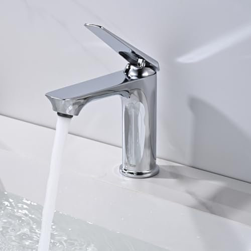 DETBOM Grifo Lavabo Monomando Cromado - Mezclador Baño, Cartucho Cerámico, Agua Fría/Caliente, Instalación Exprés, Diseño Moderno para Baño