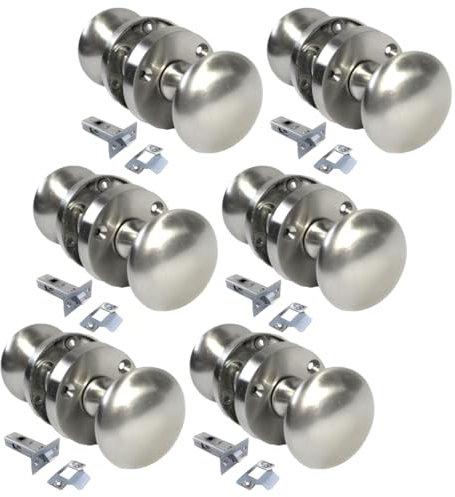 Satin Nickel Round Door Knob Set - Victorian Style Sprung Internal & External Door Knobs for Mortice Locks & Tubular latches (6 Pair of KNOBS + Tubular Latch)