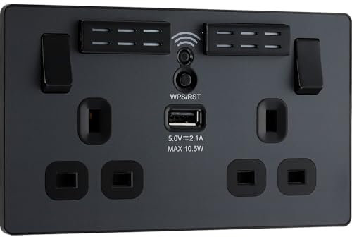 AMK® BG Double Switched Power Socket 13 Amp 2 Gang Plastic With WiFi Amplifier and USB Port Matt Grey