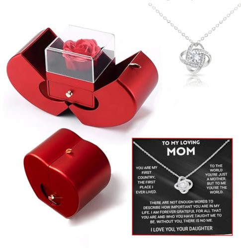 Eternal Rose with Necklace Apple Gift Box, with Four-leaf Clover Necklace and To my loveing Mom Card, Ladies Romantic Gifts for Valentine's Day for Mum on Her Birthday