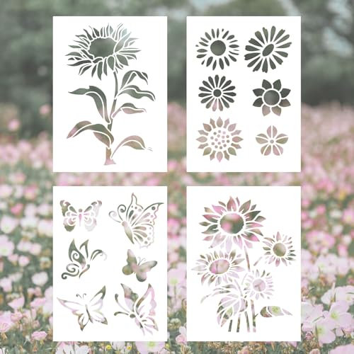 4Pcs Large Sunflower Stencils for Painting Reusable A4 Size Flower Butterfly Stencils for Garden Fence Window Wall Furniture Mural, 8.5 x 11Inch