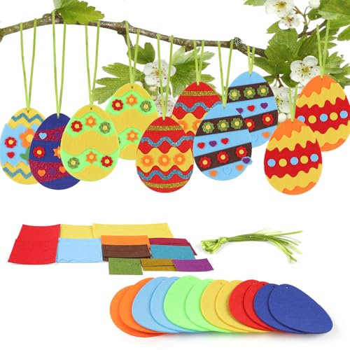 12 Stück Ostereier Bastelset Kinder, Filz Ostern Basteln mit farbene Accessoires, Kreative Ostereier Anhänger Deko, Ostern Kunsthandwerk, Oster Bastelset Deko für Frühling und Ostern