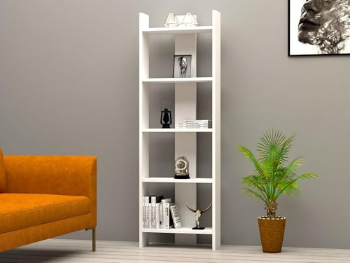 Hanah Home Scandinavian Wall-Mounted Bookshelf, White, 52.4 x 149 x 22.6 cm | 100% Melamine Coated Particle Board, 18 mm Thick | Stylish & Space-Saving Design