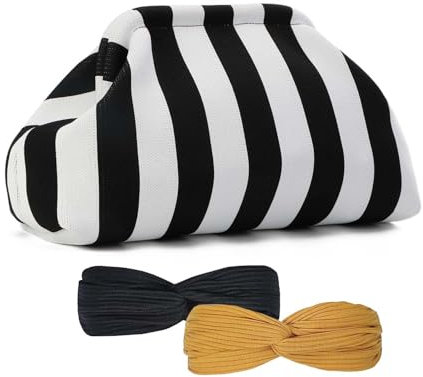 GSQITE Gestreifte Clutch Geldbörsen für Frauen gewebte Knödel tasche Bunte Häkelwolke Abend Handtasche Strand Clutch Make-up Tasche (Schwarz und Weiß)