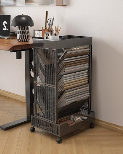 UMDONX Book Storage Trolley Metal Organiser 6 Tier on Lockable Wheels, Beside Desk CD DVD Shelf Rack Office Bookcase (2in1 Black Load 110LBS)