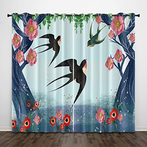 KLZUOPT Cortinas con Ojales exquisitas, Pintura de Flores, Gansos, árboles, Cortinas Impresas en 3D de 104 x 94 Pulgadas, Cortinas con Aislamiento térmico para Dormitorio de niños, 2 Paneles