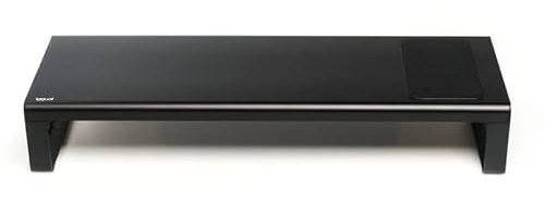 Glowster Monitorerhöhung mit 4-Port-Hub und Qi-Ladung, ideal zur Optimierung des Arbeitsbereichs und zur Verbesserung der Ergonomie.