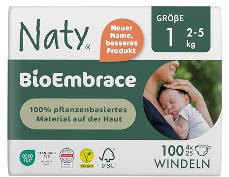Naty BioEmbrace Neugeborenen Baby Windeln Größe 1 (2–5 kg) | 100% pflanzenbasierte Materialien auf der Haut | Atmungsaktive Weichheit, dermatologisch getestet, exzellente Saugkraft | 100 Stück