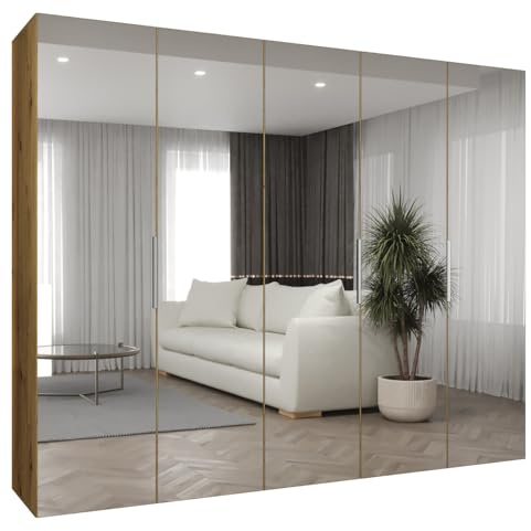 MEBLE KRYSPOL - Kleiderschrank mit Spiegel - Drehtürenschrank - Schrank 250x202x52cm - Garderobenschrank Schlafzimmer, Flur, Jugendzimmer - Farbe Artisan Eiche, Griff Kaschmir - Marbella 3 250