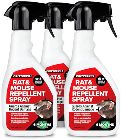 CritterKill Rat and Mouse Repellent Natural Peppermint Spray 3 x 500ml - Protects Wiring, Furniture and Pipework - Natural Rodent Repellent
