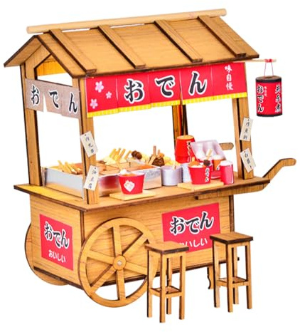 KONTONTY Miniatur Holz Puppenhaus Kanto Oden Verkaufswagen Modell Handgefertigt Glatte Oberfläche Stabiles Retro Dekoration Tragbar als Miniaturhaus Zubehör