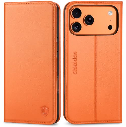 SHIELDON Funda Cartera Cuero Genuino para iPhone 17 Pro MAX 6,9, Naranja | Ranuras para Tarjetas, Bloqueo RFID, Soporte Plegable, Antigolpes y Cierre Magnético Funda Libro, 5G 2025