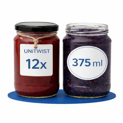UNiTWIST 12er Set Einmachgläser 375 ml mit Twist-Off Deckel Ø 63 mm – Dickwandige, luftdichte Dessertgläser, spülmaschinenfest, ideal für Marmelade & Eingemachtes - Schwarz