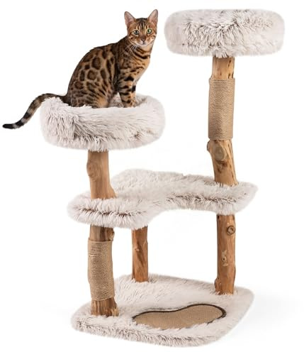 FANTASK Holz-Katzenkratzbaum 101 cm, Massivholz & Jute Kratzpfosten, Kratzmatte, 2 Plüschsitzflächen & 2 große Platformen, Katzenkletterbaum Katzenmöbel