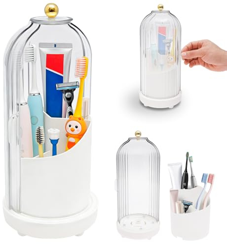 Toothbrush Holder with Cover 3 Slot Bathroom Vanity Organizer (White) | 360° Rotating Counter Organizer with Drainage, Toothbrush Holder with Lid, Makeup Brushes Holder