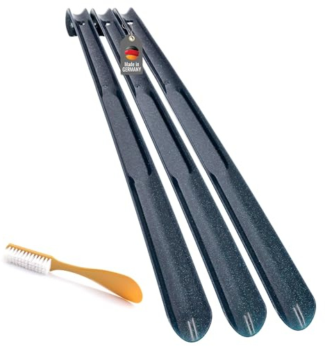 Lantelme 4er Set Schuhlöffel | 3x Extra Lang 65cm Made in Germany + 1x Schuhanzieher mit Bürste 20cm | Rückenschonende Schuhanziehhilfe Farbe Auswählbar (Blau)