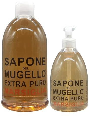 Sapone Extra Puro Marsiglia Per Mani, Viso e Corpo, Con Estratto Biologico Di Foglia Di Olivo e Olio Essenziale 1 Flacone da 500ml + 1 o 2 Ricariche da 1000ml (2500ml (500+2x1000ml))