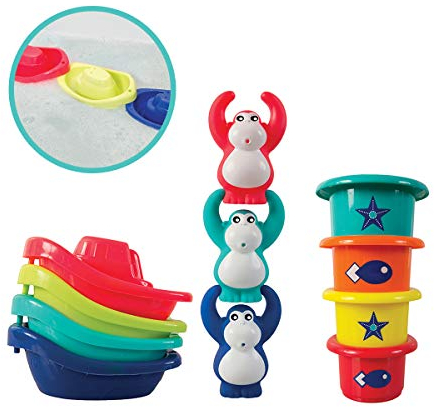 LUDI - Coffret de Bain Bébé – Jouets d’Éveil Sensoriels – 4 Bateaux, 3 Singes, 4 Gobelets – Développe Motricité & Coordination - dès 10 Mois