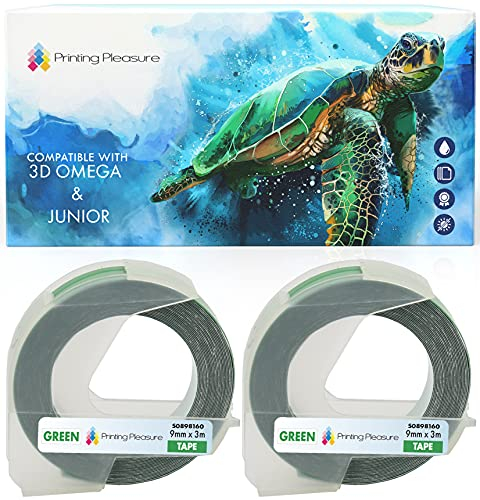 2-Pack Compatible Self-Adhesive 3D White on Green Embossing Labels Tapes 9mm x 3m for use with Omega and Junior Embossers