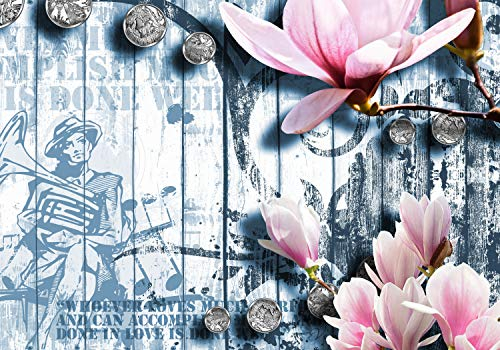 wandmotiv24 Fototapete Musik Blau Blüten Rosa, S 200 x 140cm - 4 Teile, Fototapeten, Wandbild, Motivtapeten, Vlies-Tapeten, Blumen, Schrift, Zaun M1606
