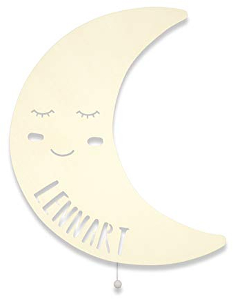 hellomini Nachtlicht, Kinderlampe, Holz, Tauf-Geschenk mit Wunsch-Name für Mädchen oder Jungen, Mond-lampe, Babyzimmer, Kinderzimmer, Schlummerlicht, Dekoration [Energieklasse A++]